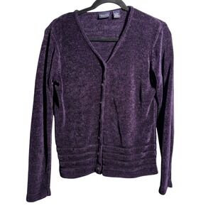 VTG Hillard‎ Hanson Purple Chenille Knit Cardigan Buttons Sheer Stripes V Neck L
